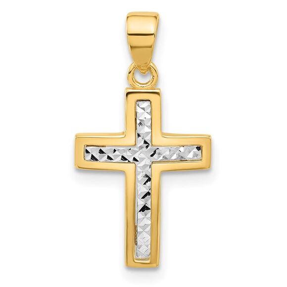 14k Yellow Gold Two-tone Polished & Diamond-cut Cross Pendant